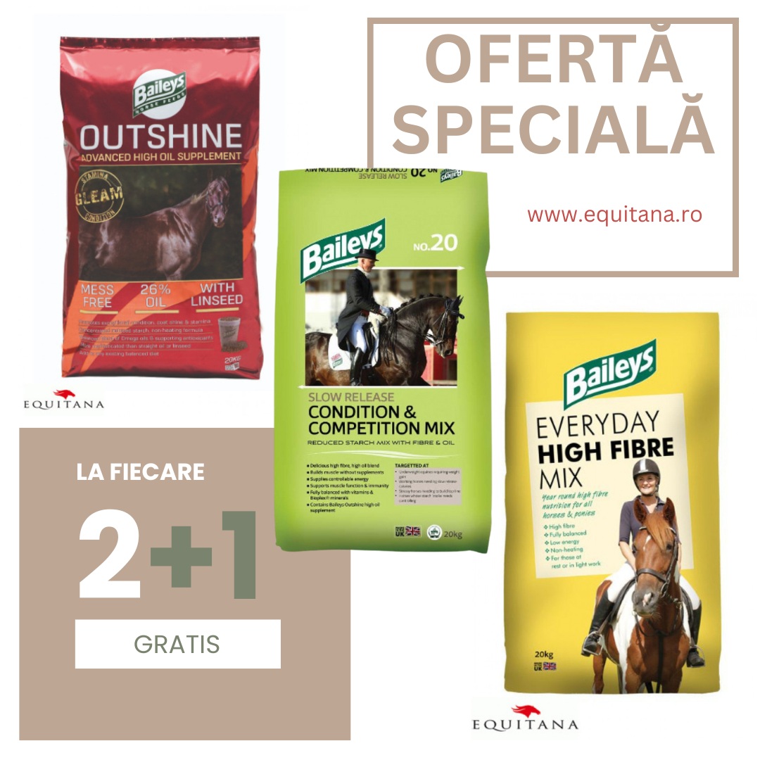 Ofertă specială în iulie: 2+1 GRATIS la furajele Baileys – performanță și echilibru în hrana calului tău
